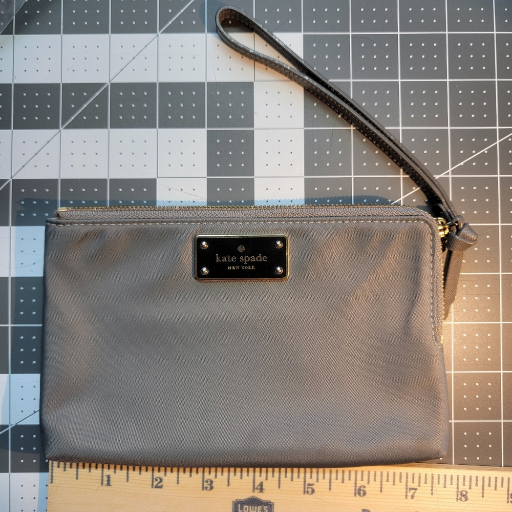 kate spade gray nylon Double-zip wristlet with gold plaque